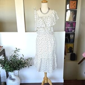 🏷️ Davi Dani Tie Shoulder Ruffle Neck Cream Black Floral Dress Size 3X